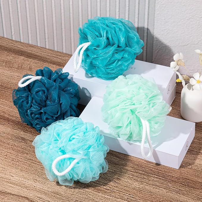 Loofah for Women 75g 4 Pack, Bath Sponge Soft Mesh Shower Puff Loofah Sponge, Exfoliating Body Scrubber, lufas for Women, Shower Accessories (Blue)