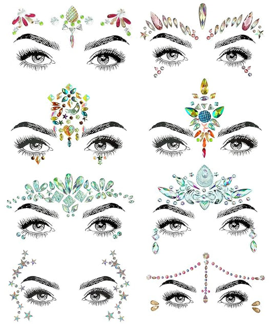 Musical Ruby Face Jewels - Rave Crystal Gems, Glitter Party Tattoos (8 Pcs)
