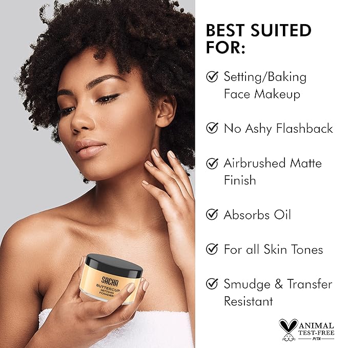 Sacha BUTTERCUP Setting Powder. No Ashy Flashback. Blurs Fine Lines and Pores. Loose, Translucent Face Powder to Set Makeup Foundation or Concealer. For Medium to Dark Skin Tones, 1.75 oz.