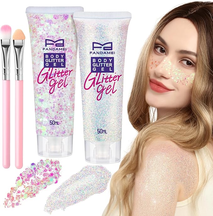 FANDAMEI Body and Face Glitter Set - 2PCS White, 1PCS Chunky, 1PCS Fine Gel - for Makeup, Hair, Mermaid, Halloween Festival Rave
