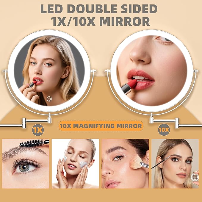 8.5" Wall Mounted Makeup Mirror with Light, 2000mAh Rechargeable Double Sided 1X / 10X Magnifying Vanity Mirror, 3 Color Lights Touch Dimmable 360° Rotation Bathroom Mirror, Chrome