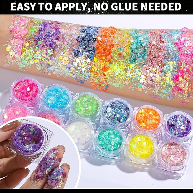 Teenitor 12 Colors Glow in The Dark Glitter Gel, Face Glitter Body Glitter Gel Hair Glitter for UV Black Light Halloween Makeup Raves Festivals