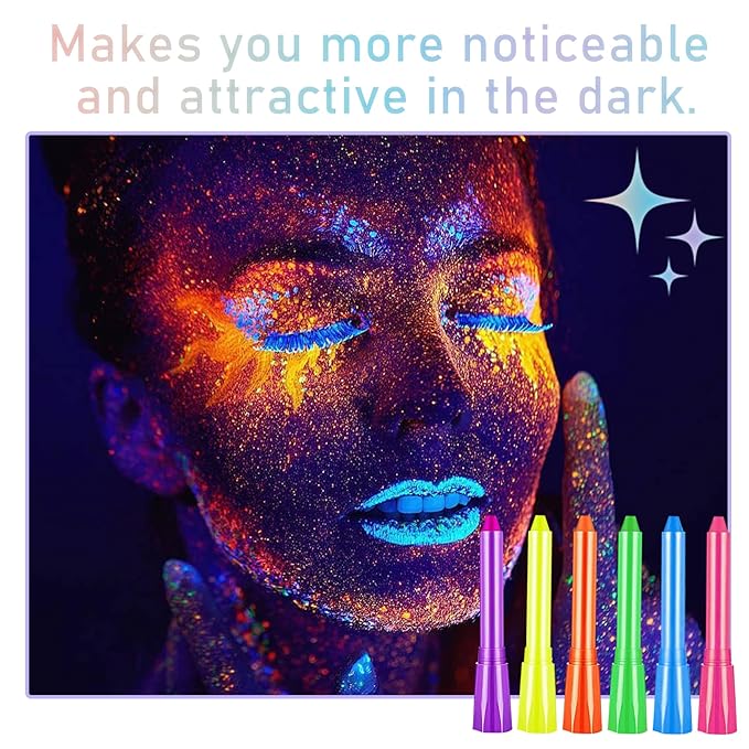 Glow in The Dark Body Paint Crayons Kit, Luminous Neon Paint Sticks, Fluorescent Face & Body Black Light Paint Markers for Halloween, Mardi Gras Parties, Masquerades, Makeup