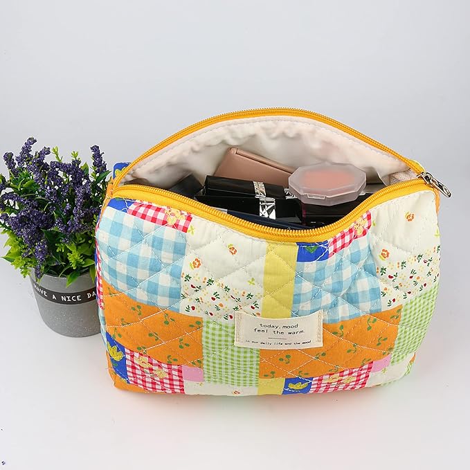 VIWIME Makeup Cosmetic Bag, Large Cotton Quilted Travel Coquette Aesthetic Cute Floral Make up Bag for Women Toiletry Bag Organizer(Puzzle/2Pcs)