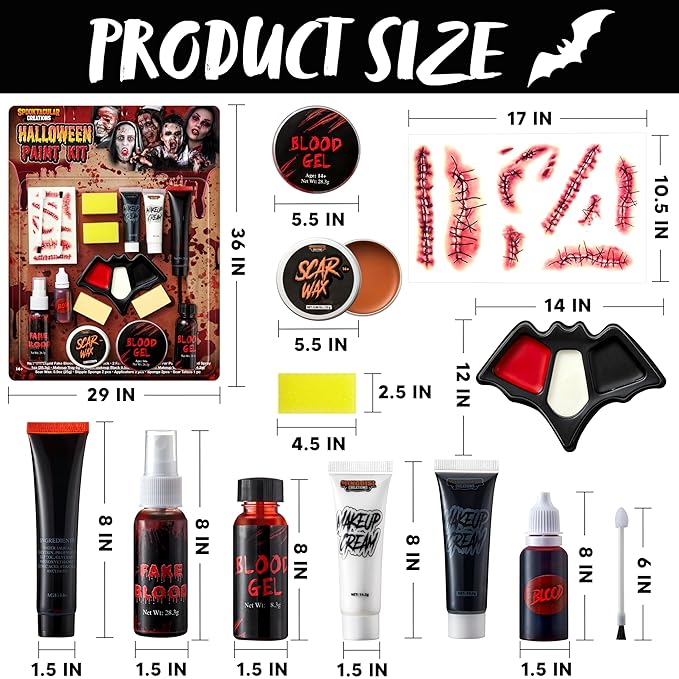 Spooktacular Creations 16 Pcs Halloween Family Makeup Kit Face Body Paint with Liquid Blood Gel, Fake Blood and More Easy On Makeup Set for Zombie Costume Cosplay Halloween Party Supplies