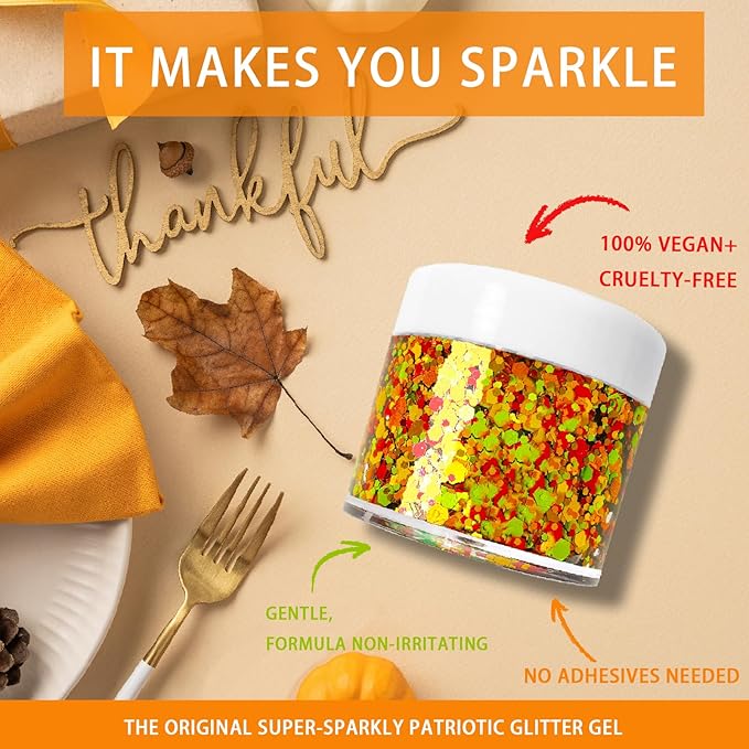 Thanksgiving Fall Glitter Gel for Body, Face, Hair and Lip, Color Changing Glitter Gel Under Light (Thanksgiving)