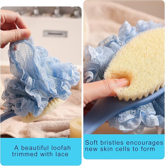 [2nd Generation] Shower Body Brush with Bristles and Loofah,Back Scrubber Bath Mesh Sponge with Curved 16" Long Non-Slip Handle Skin Exfoliating Massage Suitable for Men and Women (Blue)