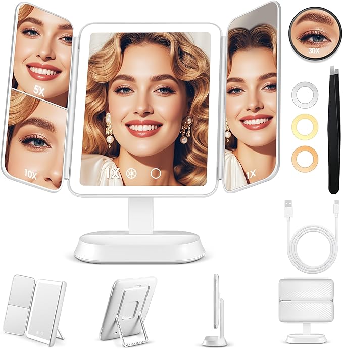 Lighted Makeup Mirror with 30X/10X/5X Magnification, Detachable Design for Travel, Rechargeable Trifold Mirror with 3 Color& Adjustable Brightness, Portable Makeup Mirror with Lights for Desk