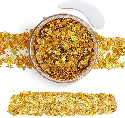 Gold Body Glitter Gel,Face Hair Glitter Makeup,Music Festival Concert Outfit Rave Pride Accessories for Women,Mermaid Sequins Chunky Glitter Face Paint,Hair Glitter Gel for Halloween