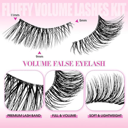 FADLASH False Eyelashes Kit 10 Pairs Faux Mink Lashes Wispy with Lash Bond and Seal and Tweezer Fake Eyelashes Natural Look Handmade Eyelashes Cat Eye Lashes Fake Lashes Strips (BY001 Kit)
