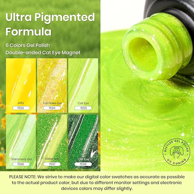 Beetles Green Halloween Gel Nail Polish Set, Fall Gel Polish Nail Kit 6 Colors Yellow Glitter Cat Eye Jelly with Cat Eye Magnet Gifts for Women DIY Manicure Art Summer Beats