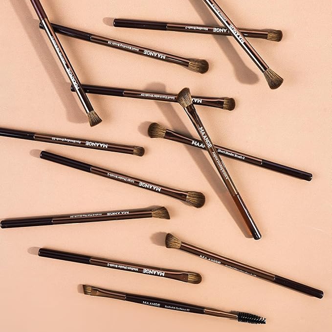 MAANGE 13 Pcs Makeup Brushes with Bag, Multi-functional Eye Makeup Brush Set Professional Blending Eyeshadow Concealer Eyebrows Eyeliner (Brown)