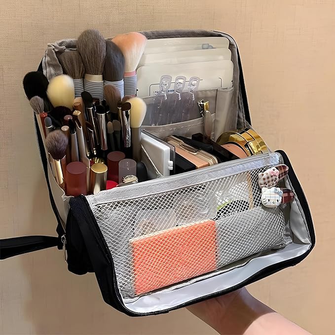Makeup Bag,Standing Makeup Bag – Portable,Large Capacity Multi-purpose Large Capacity Oxford Cloth Standing Makeupbag Portable, Aterproof,Compartments and Handle (Beige)
