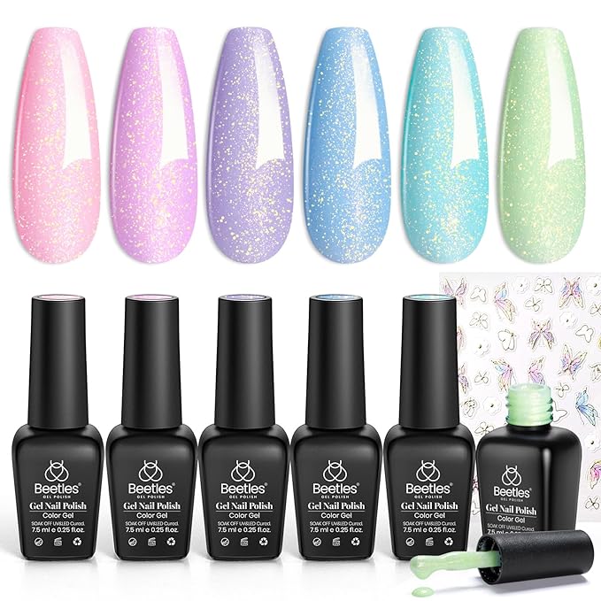 Beetles Shimmer Gel Nail Polish Set - 6 Colors Purple Glitter Blue Green Mermaid Pastel Nail Gel Drawing Soak Off Uv Led Needed with Pastel Sticker
