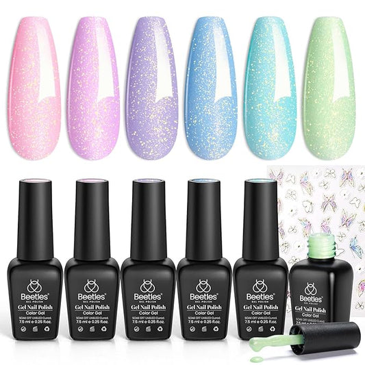 Beetles Shimmer Gel Nail Polish Set - 6 Colors Purple Glitter Blue Green Mermaid Pastel Nail Gel Drawing Soak Off Uv Led Needed with Pastel Sticker