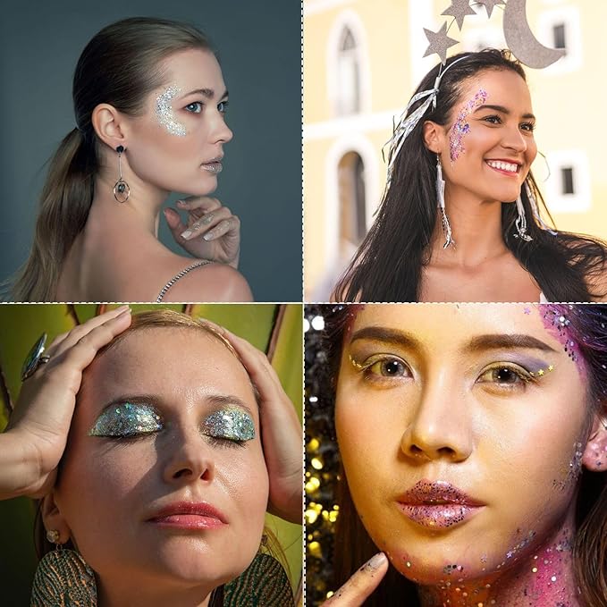 Body Face Glitter Makeup for Kids Women, Sparkly Chunky Hair Glitter, Mermaid Birthday Decorations Rave Outfits for Women (Gold Body Glitter)