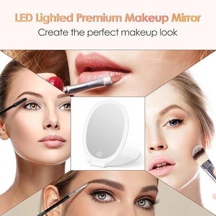 Travel Makeup Mirror with Light: 3 Color Lighting Portable Mirror with Touch Screen Rechargeable Adjustable LED Lights Hexagon Vanity Mirror for Travel, Desk, Home (Round White)