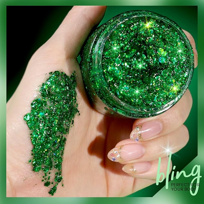 Teenitor Green Body Glitter, Face Glitters, Green Glitter, Body Glitter Gel, Hair Glitter Gel, 80g/2.8oz Holographic Glitter for Face Body Hair, Glitter Makeup for Kids