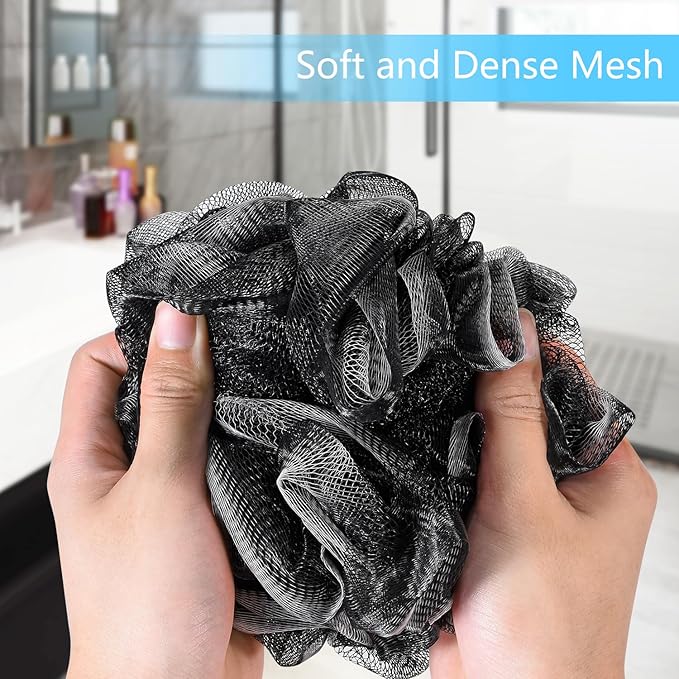 Yoget Bath Loofah Sponge, 4 Pack Black 60G Shower Mesh Ball Soft Pouf Body Scrubber, Exfoliate, Cleanse, Soothe Skin, Black Loofah with White Trim