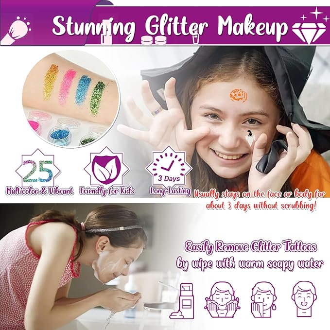 TEUVO Kids Glitter Tattoo Kit with 25 Colors, 225 Stencils, 6 Pens, 2 Rhinestone Sheets, 5Brushes, 3Glues, 20 Sheets Colorful & Glow-in-the-dark Mixed Temporary Tattoos Stickers for Halloween Birthday