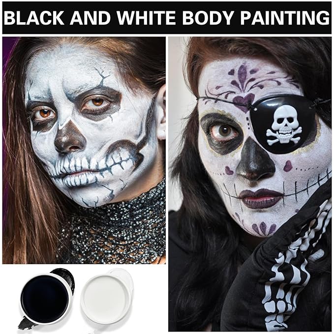 Black White Face Body Paint Professional Oily Based Body Face Paint Foundation Halloween Makeup Palette Kit for Halloween Skeleton Vampire Zombie Goth Stage SFX Special Effects Makeup