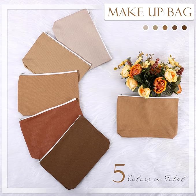 Reginary 10 Pcs Canvas Makeup Bags Bulk for Women Blank DIY Pencil Pouch Travel Toiletry Cosmetics Bags Gift for Christmas Breast Cancer Awareness Thanksgiving Wedding Nurses Teacher(Brown)
