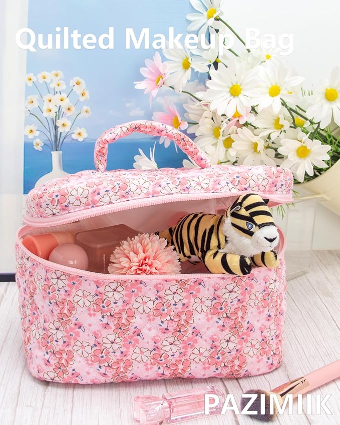 PAZIMIIK Quilted Makeup Bag Large Travel Zipper Soft Cosmetic Case for Women Girls Make Up,Pink Flower