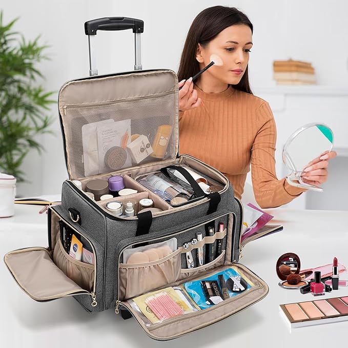 LUXJA Rolling Makeup Case with 3 Removable Pouches and 1 Makeup Brush Bag, Large Makeup Bag Cosmetic Bag with Detachable Dolly (Patented), Gray
