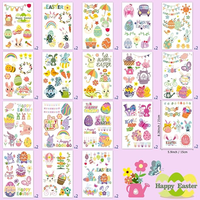 252+ PCS Easter Temporary Tattoos for Kids Men Women, 36 Sheets Easter Egg and Bunny Fake Tattoos Stickers, Easter Face Body Fake Tattoos for Adults, Easter Basket Stuffers Party Favors Decoration