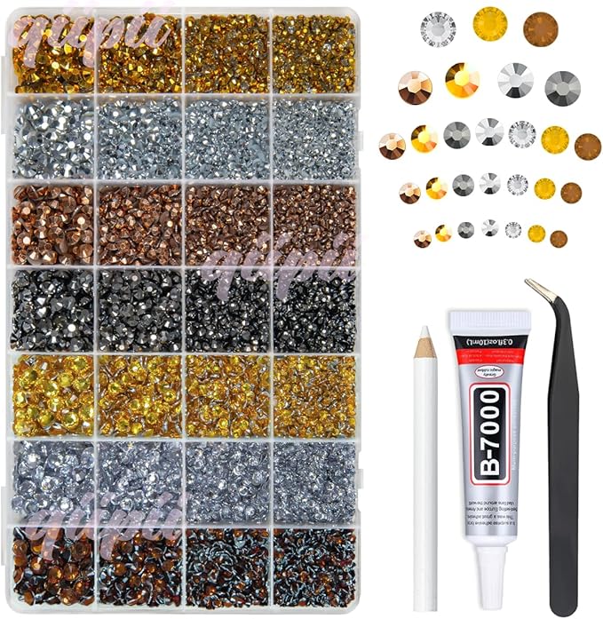 28 Types Golden Silver Copper Jelly Resin Rhinestones w B7000 Jewelry Glue for Bedazzling Crafting 3-6mm Flatback Colorful Metallic Stones Gems Diamonds for Face Eyes Makeup DIY Crafts Tumblers