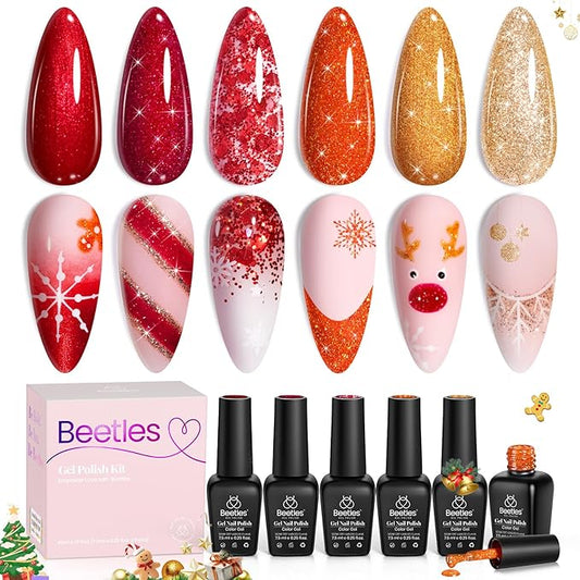 beetles Glitter Gel Polish Set, Passion Rush Collection Christmas Gel Nails, Red Orange Gold Gel Polish Shimmer Nails Art Soak off Uv LED Manicure Gift Set Nail Trend Gift for Women