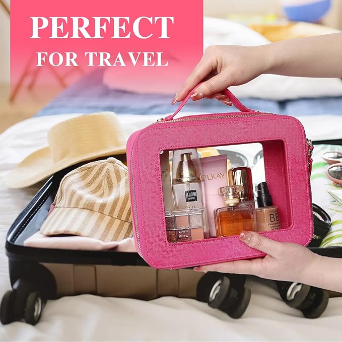 Pinkmik Clear Makeup Bag Waterproof Travel Case for Cosmetics and Toiletries Women's Purse Organizer and Clear Car Bag with Zipper (X/Fuxia, L+M+MINI)
