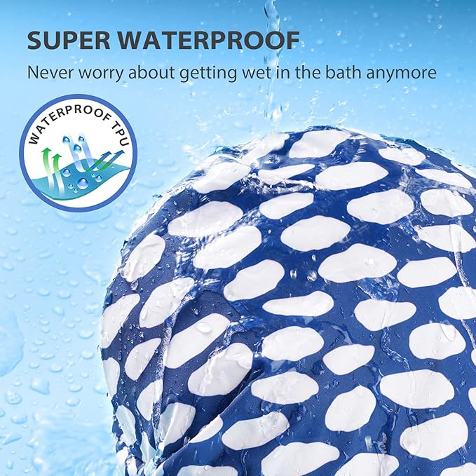 INNELO Luxury Shower Cap for Women Reusable Waterproof, Double Layered Shower Hair Cap with Adjustable Elastic Strap, Large Satin Lined Shower Bath Cap for Long Curly Straight Hair, Blue