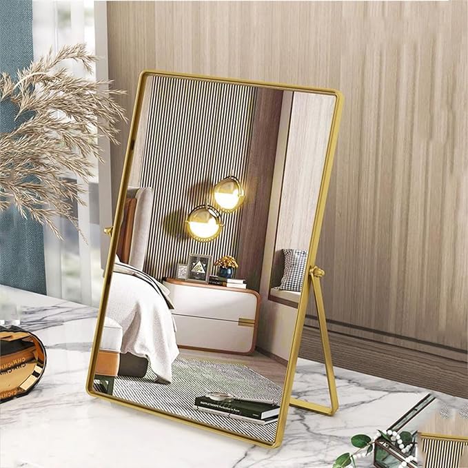 Desktop Vanity Makeup Mirror Portable Standing Mirror with Metal Stand 90°Adjustable Rectangular Desk Table Mirrors Good for Bedroom Living Room Shower Room Office