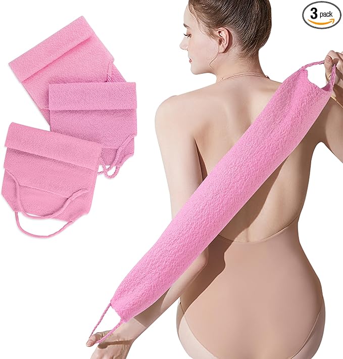 3 Pcs Double-Sided Back Exfoliator Body Scrub Towel, Exfoliating Back Scrubber with Handles,Exfoliating Washcloth Bath Tool in Shower, Stretchable Back Washer to Deep Cleans Skin (Pink)