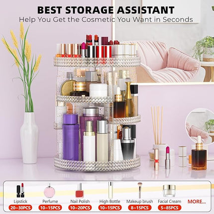 360 Degree Rotating Makeup Organizer, Extra Large Capacity Organizador De Maquillaje, Removable 7 Layers Lipstick Organizer Cosmetic Storage Cases Perfume Organizer for Vanity (Glitter)
