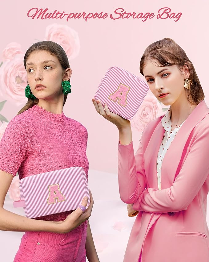 Initial Makeup Bag - Personalized Monogram Cute Makeup Bags,Make Up Case for Women Her Best Friend Friendship Sister Teacher,Birthday Gifts for Women,Girls Makeup Toiletry Bag Pouch,2PCS,Pink R