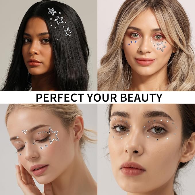 Teenitor 4th of July Star Face Gems, Self Adhesive Face Jewels For Women, Gem Stickers Face Rhinestones, Star Rhinestone Stickers 4th of July Accessories for Face, Body, Hair