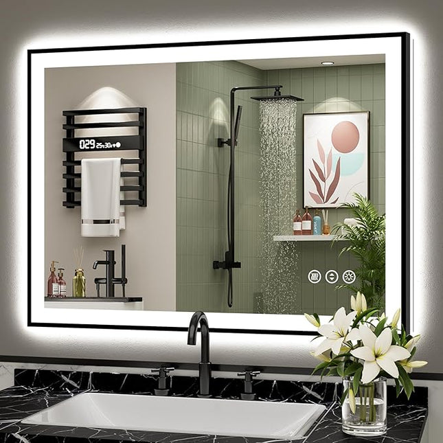 40x30 Black Framed LED Bathroom Mirror with Lights, Backlit + Front Lit, Anti-Fog Lighted Vanity Mirror for Bathroom Wall with 3 Colors, Dimmable, Memory, Tempered Glass, Horizontal/Vertical