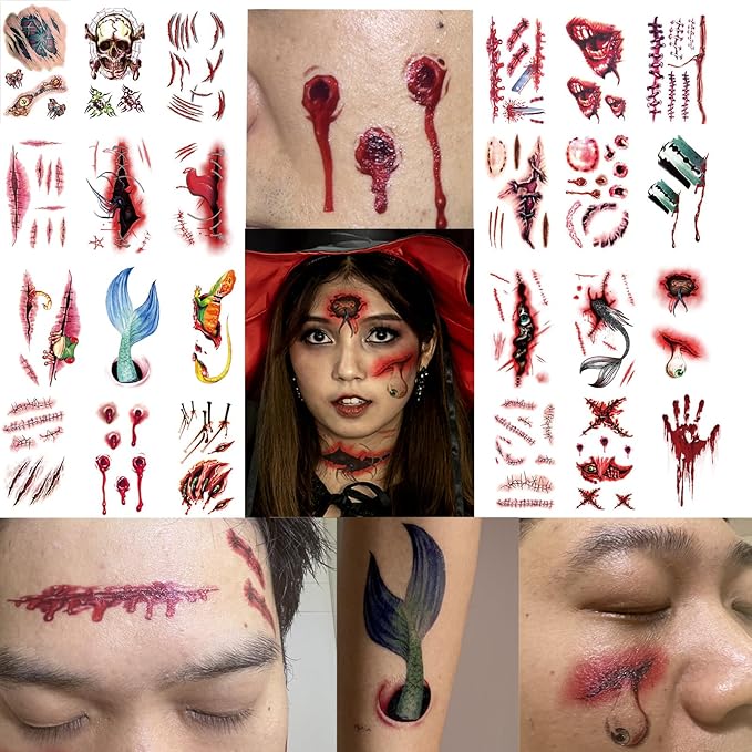 24 Sheets Fake Scar Halloween Tattoos Temporary, Waterproof Zombie Makeup Kit Stickers with Realistic Scary Bloody Wound Scratches Stitches for Women Men Adults Party, Costume, Prank Props