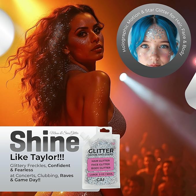 Face, Body & Hair Glitter Gel – Halloween Glitter for Kids and Women – 3 Oz Cosmetic-Grade Gel w/Moon & Stars for Festivals & Halloween Party, Easy Apply & Wash Off - Blue/Silver 2Pack