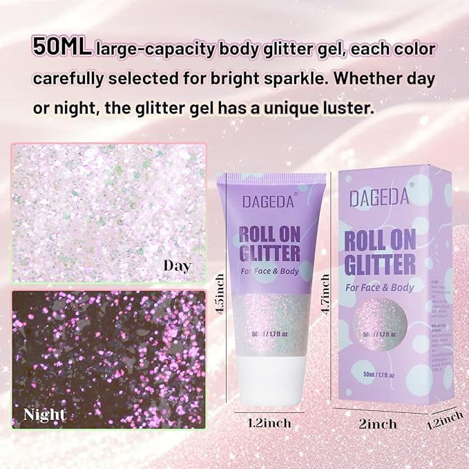 DAGEDAl Roll-on Body Glitter,Holographic Eye Face Hair Glitter Gel for Festival Outfit Mermaid Accessories,Chameleon Color Body Shimmer Makeup Rave Outfits Accessories for Women 50ml(Sparkling Pink)