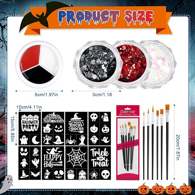 18 Pcs Halloween Face Paint Kit 3 Colors Red White Black Face Paint Kit with Glitter Stencil Makeup Brush for Halloween Cosplay Party Supplies