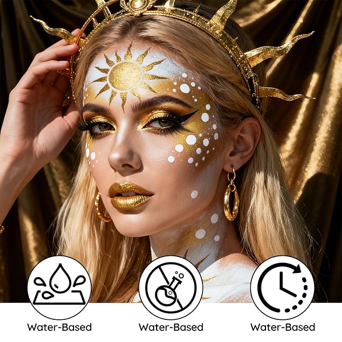 Golden Face Body Paint - Professional Water-Based Non-Toxic Body Painting for Metallic Halloween SFX Cosplay, Full Coverage Washable Paint for Costume Party Carnival Stage Performance