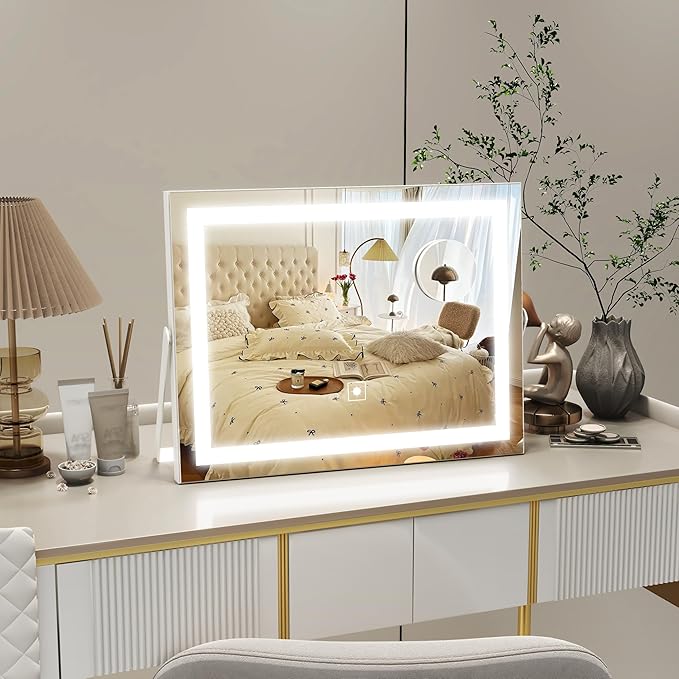 Vanity Mirror with Lights, 14" x 11" LED Makeup Mirror, 3 Modes Light, Smart Touch Control Dimmable, 10X Magnification, 360°Rotation, Square Corner Rectangle, White