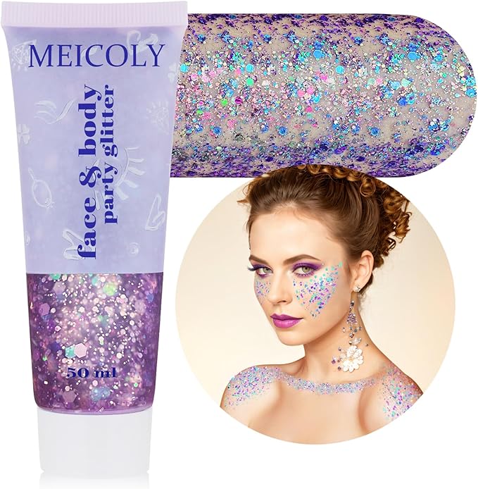 MEICOLY Chameleon Purple Face Body Glitter,Mardi Gras Outfit for Women,Mardi Gras Accessories,Chunky Glitter Face Paint,Color Changing Mermaid Face Glitter,Festival Glitter Makeup for Face Body Hair