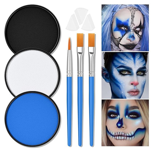White Black Blue Foundation Face Body Paint, Halloween Makeup Face Painting Kit with Painting Brushes and Makeup Sponge for Kids & Adults Halloween The Smurfs Avatar Elf Cosplay Party-30g