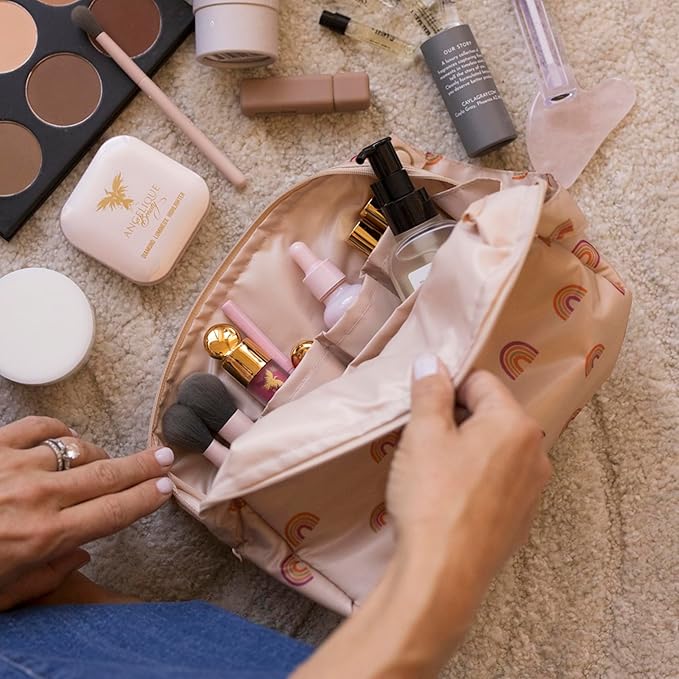 Tiny Twinkle Portable Waterproof Makeup Bag | Travel-Friendly Cosmetic Organizer with Convenient Carry Handle | Spacious Interior, and Secure Zipper Closure (Boho Rainbow)