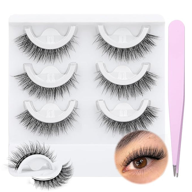 wiwoseo Self Adhesive Eyelashes No Glue Needed False Lashes Natural Look Lash Extensions Reuseable Self Adhesive Lashes Wispy Lashes with Tweezer 3 Pairs Pack