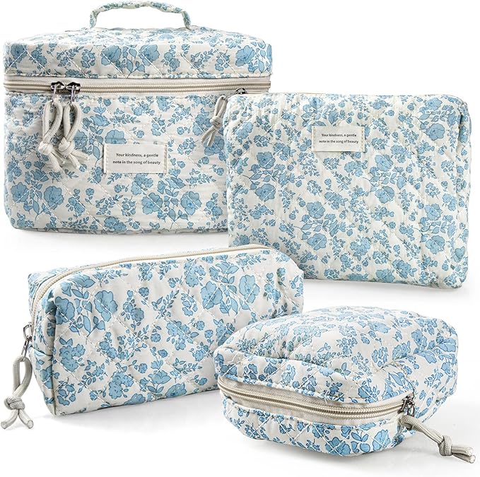 VIWIME Makeup Cosmetic Bag, Large Cotton Quilted Travel Coquette Aesthetic Cute Floral Make up Bag for Women Toiletry Bag Organizer (205- Sky Blue/ 4Pcs)